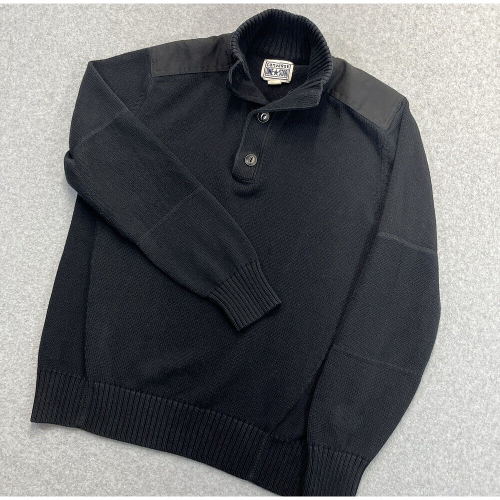 Converse One Star Mens Medium M Black 1/4 Button Sweater Shoulder Patch